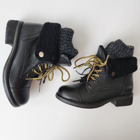 Musse & Cloud Black Leather Boot Sweater Sherpa Hiking Ankle Fall Winter Cute - Picture 3 of 11